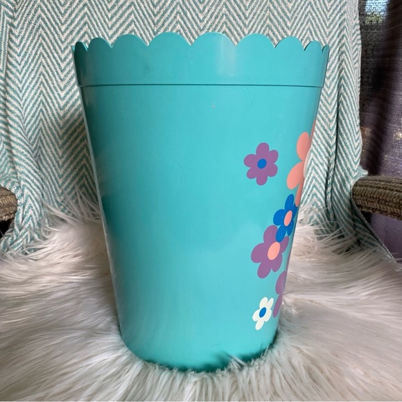 Vintage 60s Mod Hostess Floral Teal Trash Can Bin Scalloped Blue Flower Power - Picture 4 of 11